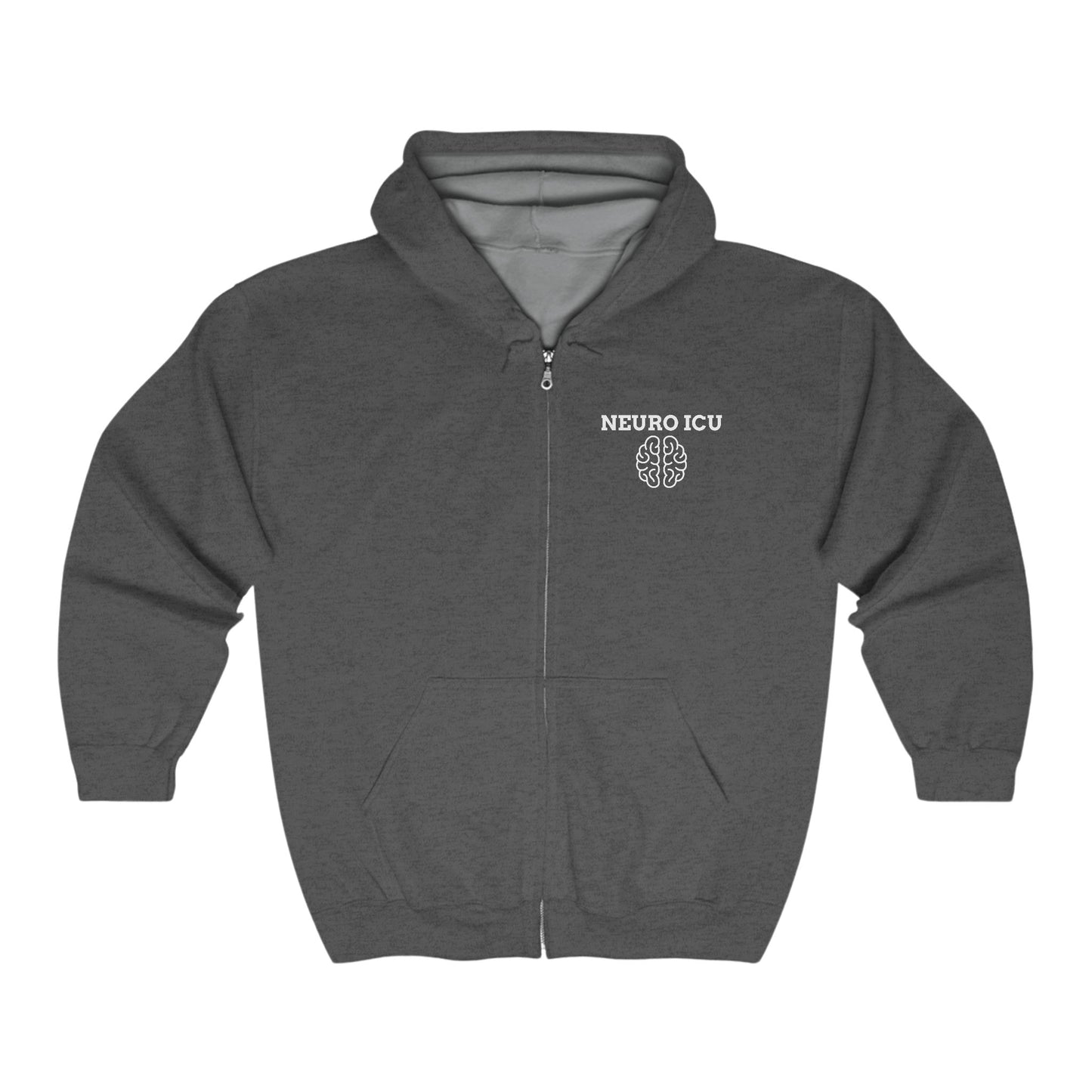Neuro ICU Full-Zip Hoodie – For Neurocritical Care Staff in Dark Heather - Zip Hoodie Gift for ICU Nurses, Doctors, and Healthcare Staff