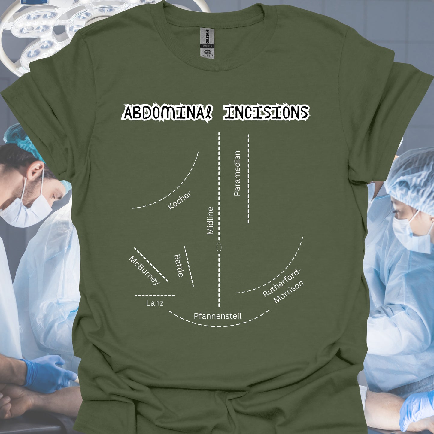 Abdominal Incisions General Surgery Medical Gift T-Shirt-Military Green-Health Gear Shop