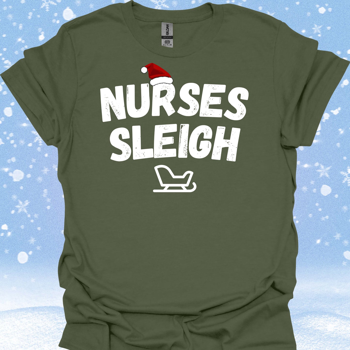 Nurses Sleigh Nurse Christmas Holiday Gift T-Shirt in Military Green – funny medical t-shirt, nurse and doctor gift for healthcare