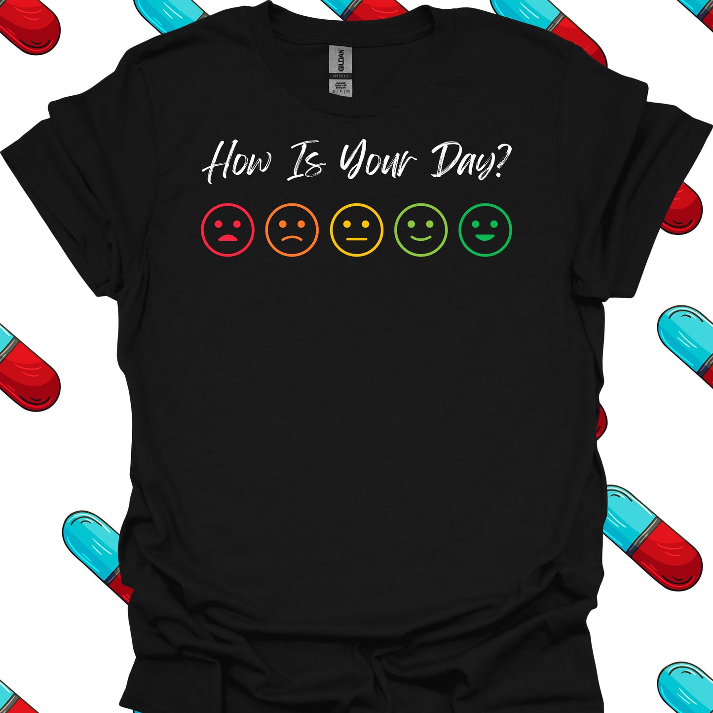 How Is Your Day? Pain Scale T-Shirt in Black – funny medical t-shirt, nurse and doctor gift for healthcare