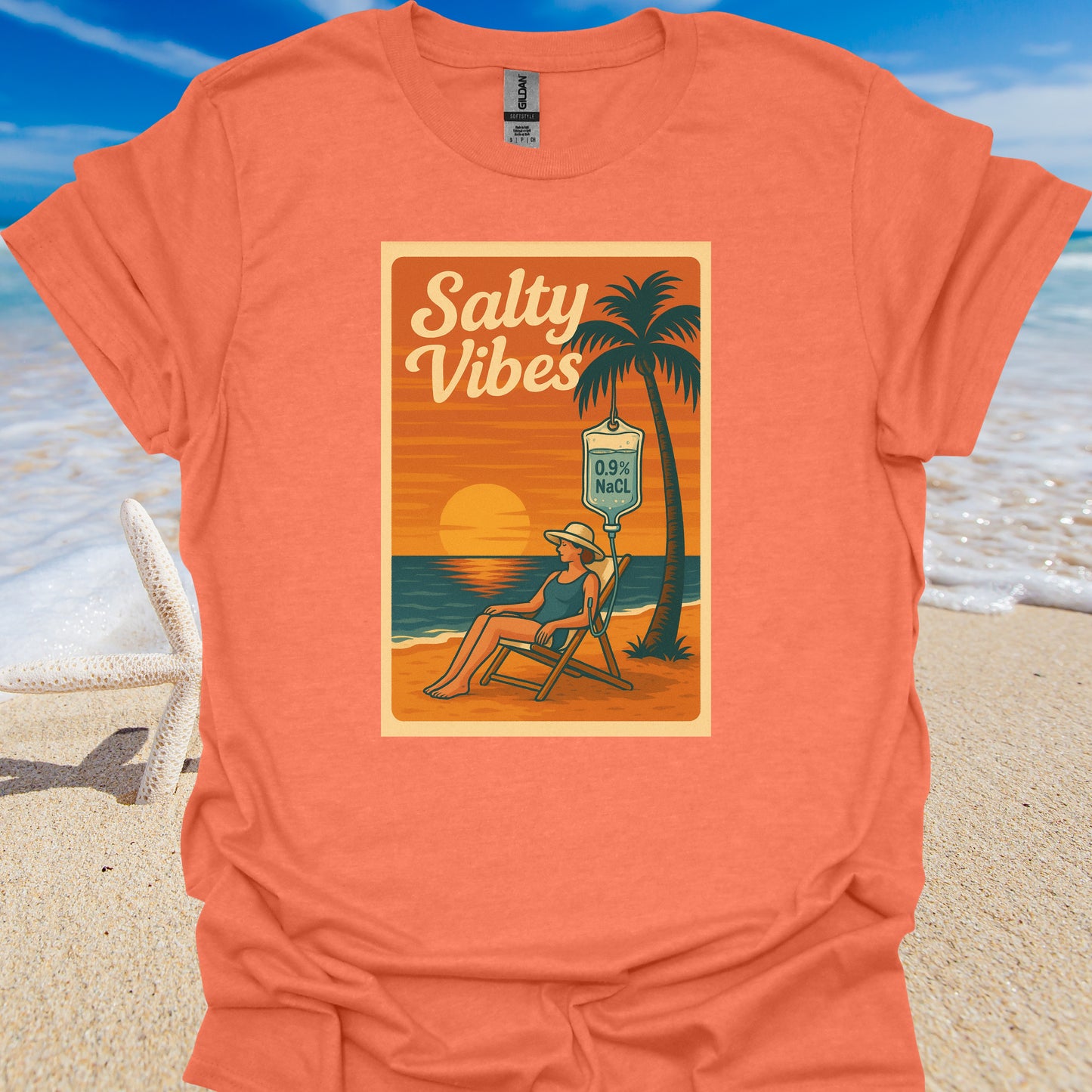 Salty Vibes Beach Normal Saline Medical Humor T-Shirt-Heather Orange-Health Gear Shop