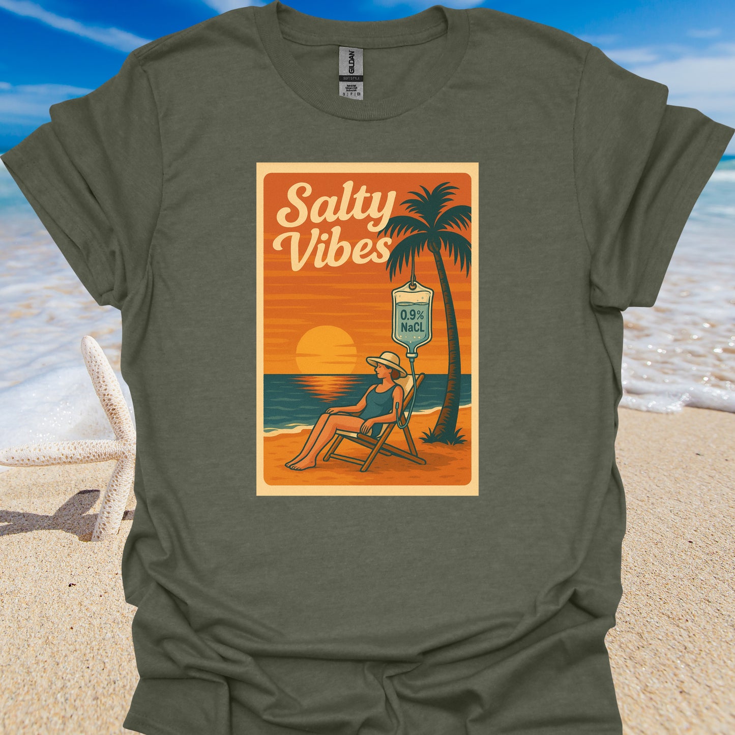 Salty Vibes Beach Normal Saline Medical Humor T-Shirt-Heather Military Green-Health Gear Shop