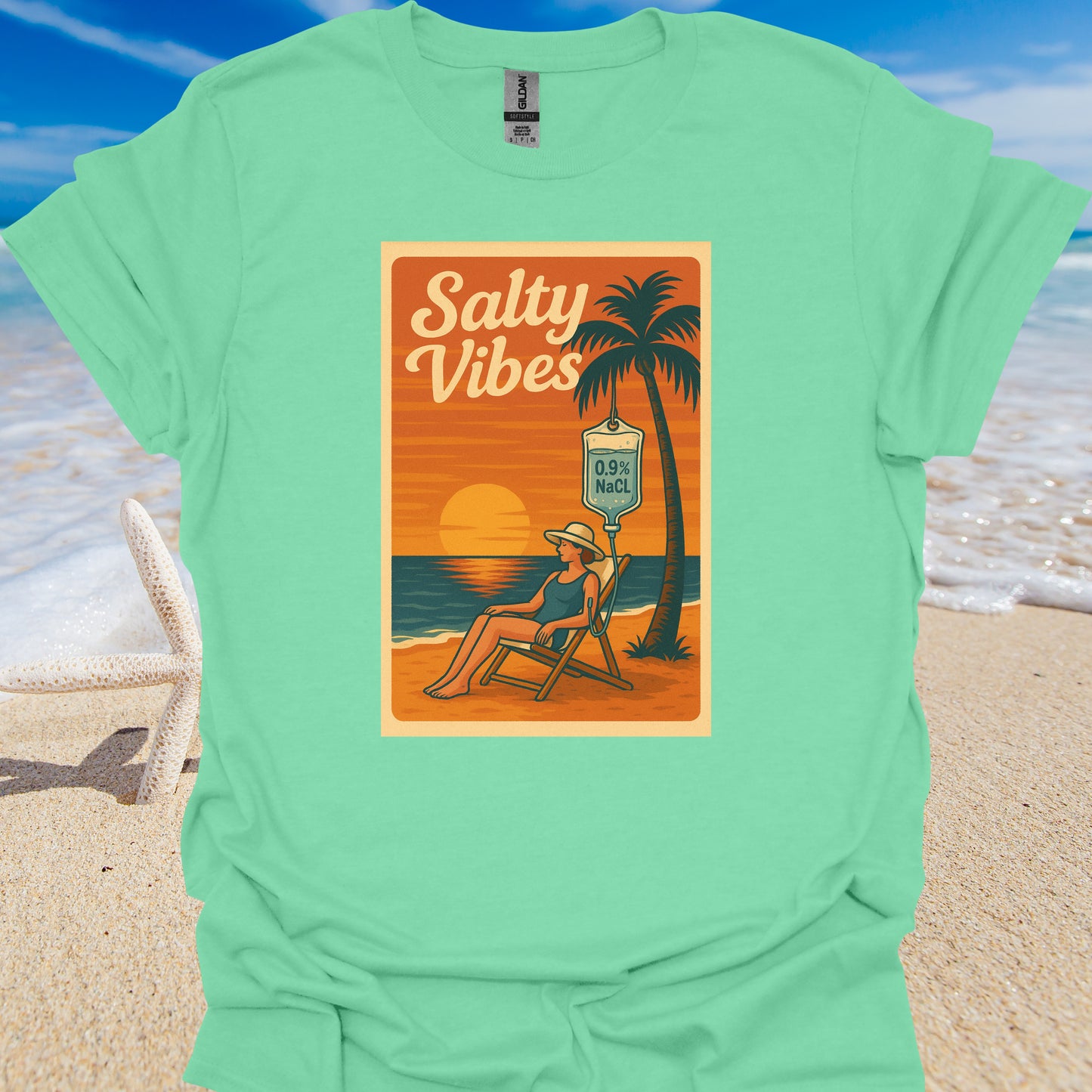 Salty Vibes Beach Normal Saline Medical Humor T-Shirt-Mint Green-Health Gear Shop