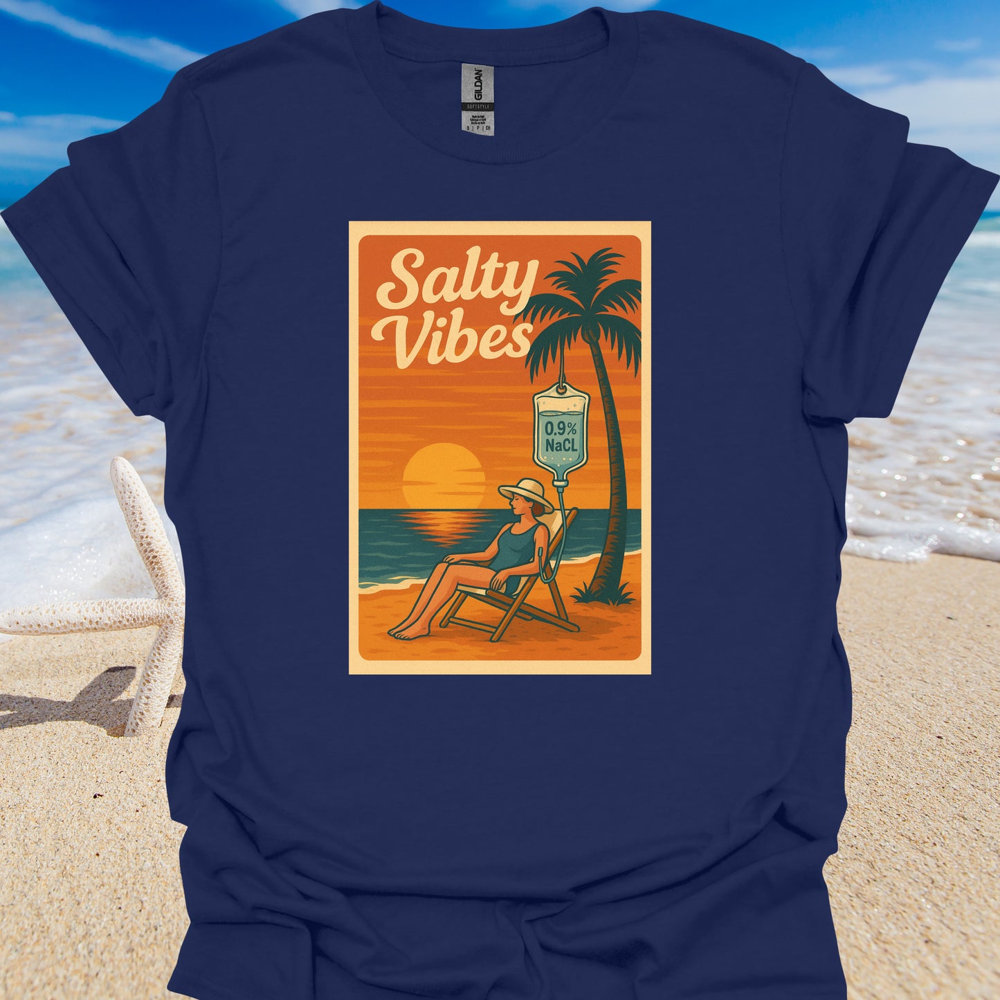 Salty Vibes Beach Normal Saline Medical Humor T-Shirt-Navy-Health Gear Shop