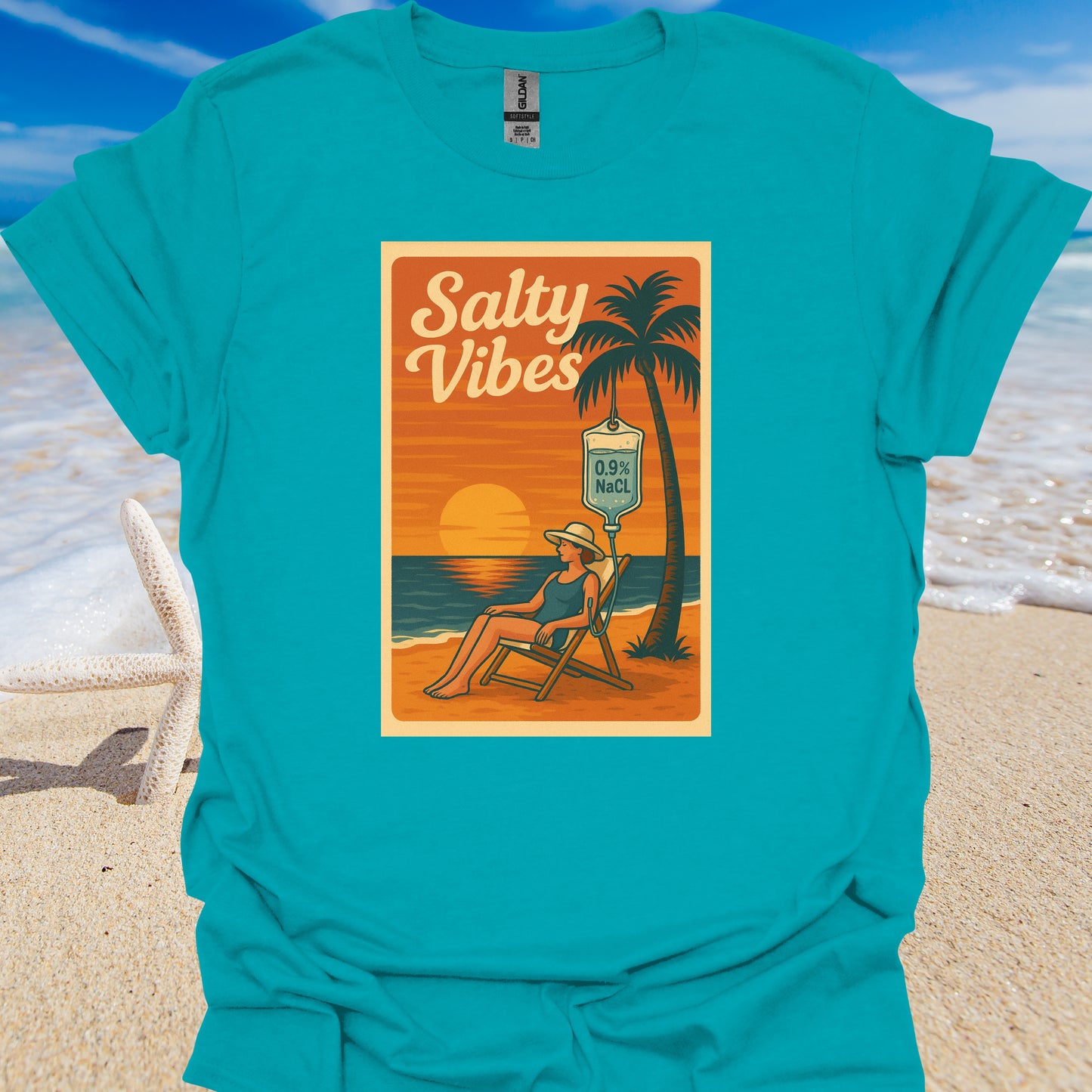 Salty Vibes Beach Normal Saline Medical Humor T-Shirt-Tropical Blue-Health Gear Shop