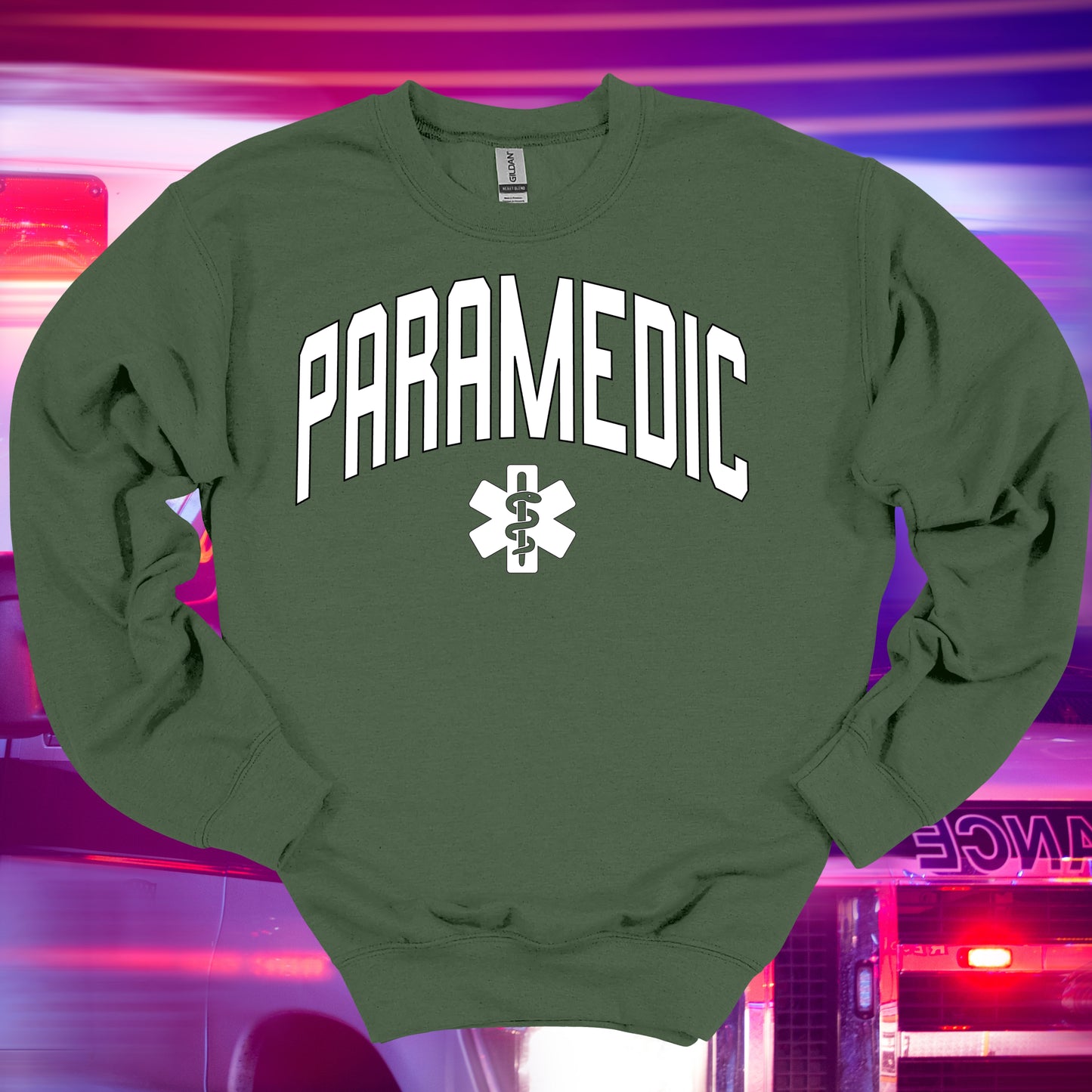 Varstity Paramedic Crewneck Sweatshirt in Military Green – Great Gift for First Responders