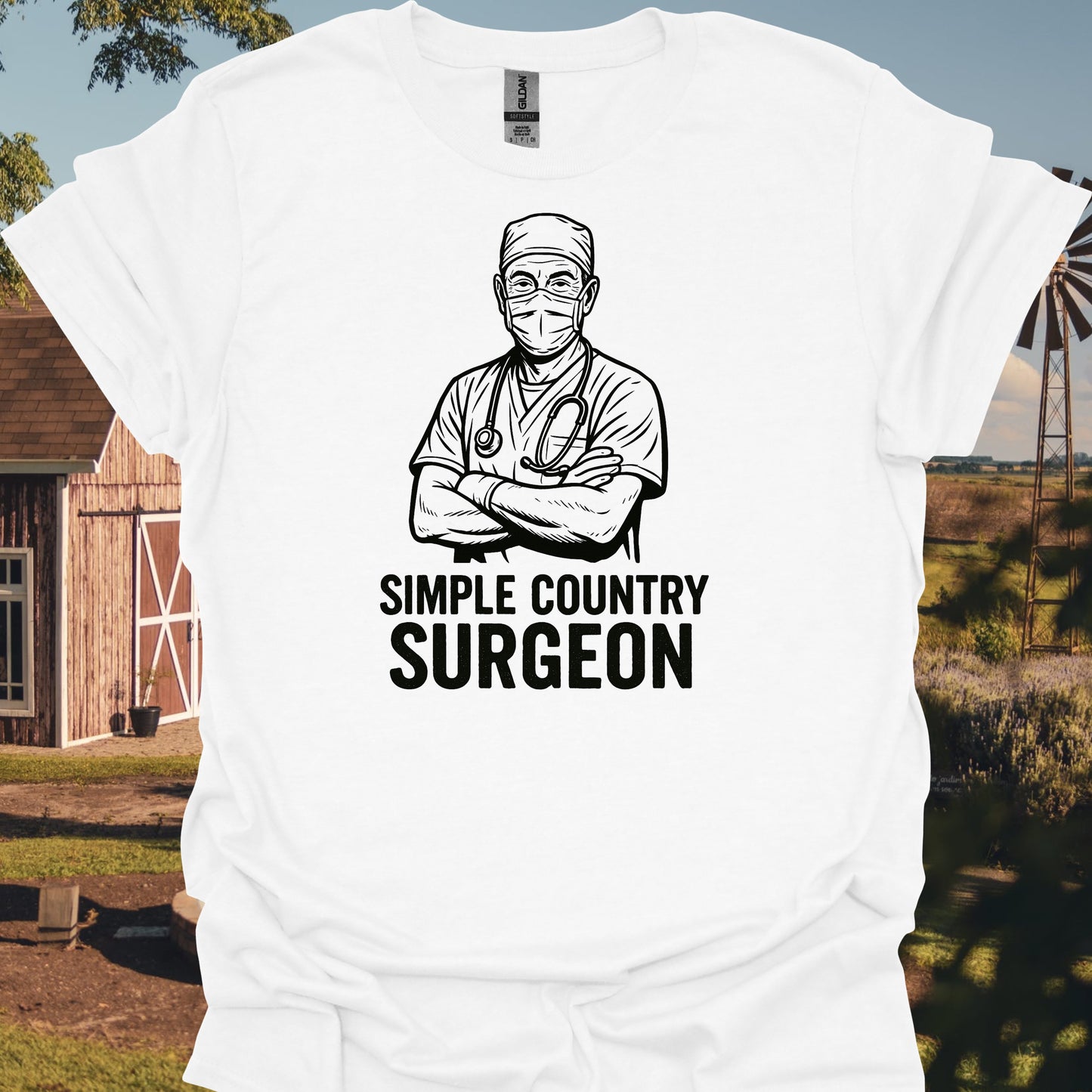 Simple Country Surgeon T-Shirt in White – funny medical t-shirt, nurse and doctor gift for healthcare