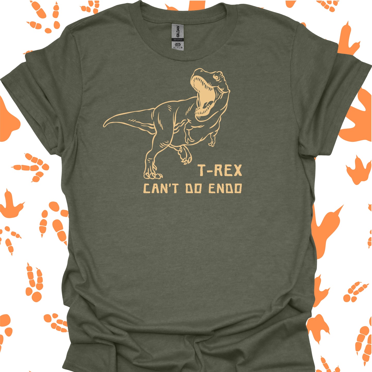 T-Rex Can't Do Endo Funny Interventional T-Shirt in Heather Military Green – funny medical t-shirt, nurse and doctor gift for healthcare