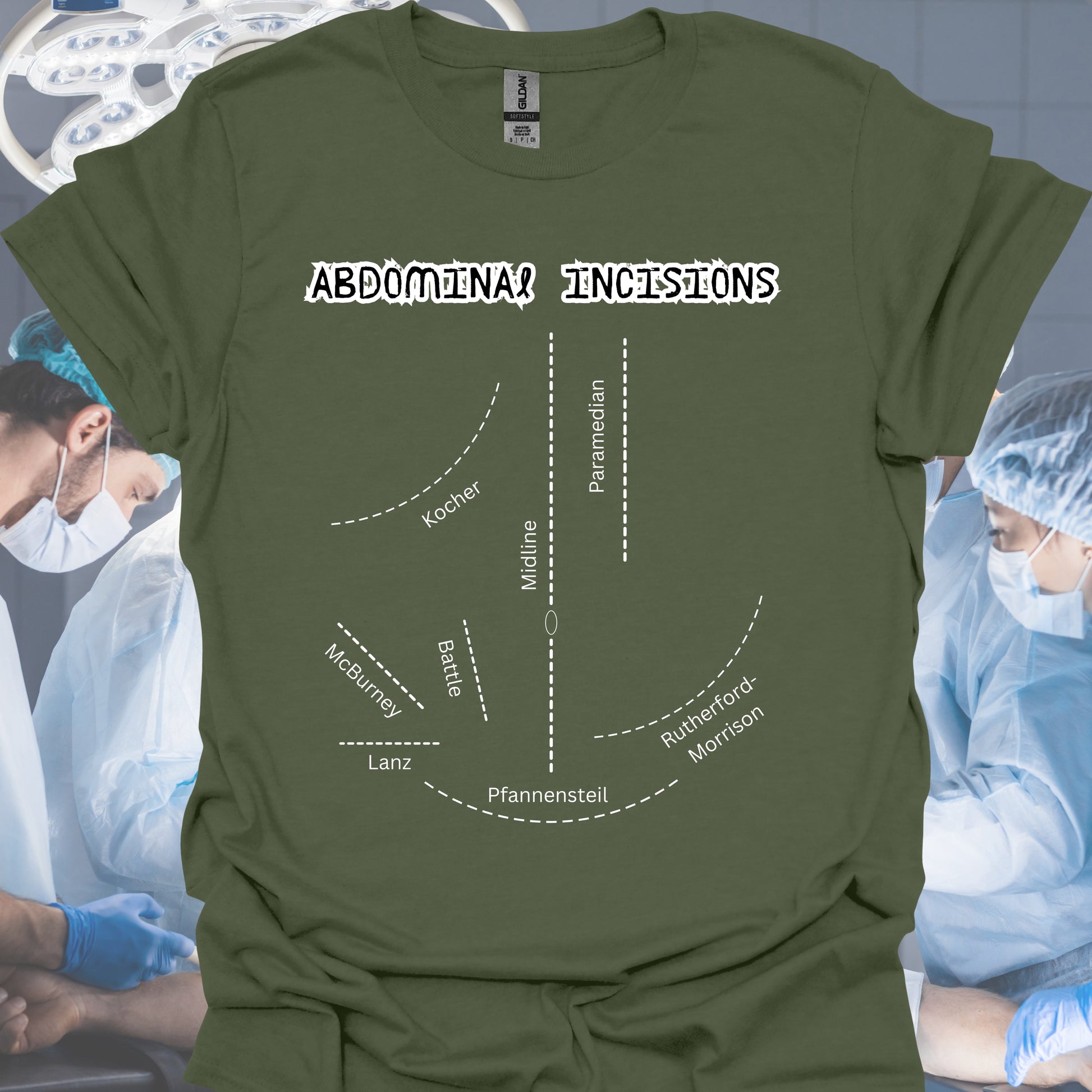 Abdominal Incisions General Surgery Medical Gift T-Shirt-Military Green-Health Gear Shop