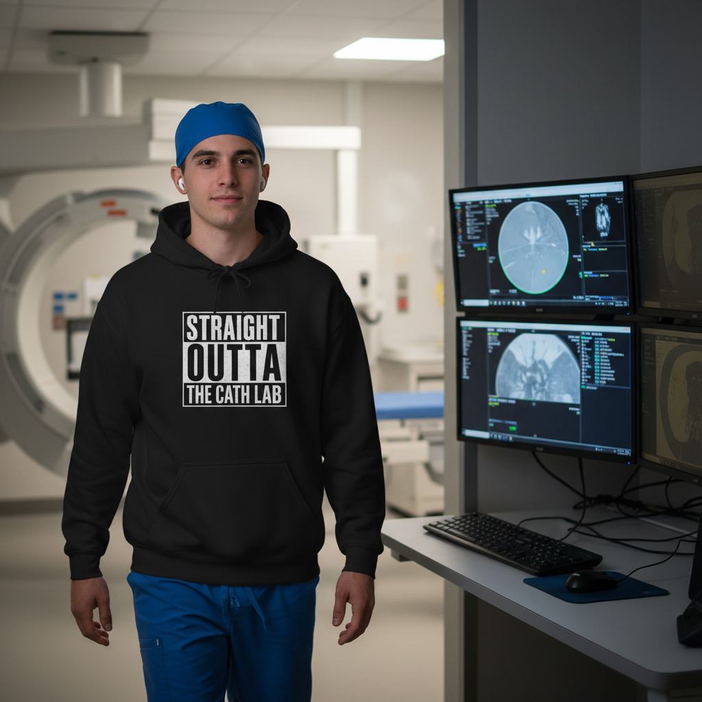 cath lab IR tech wearing a black hoodie and scrubs