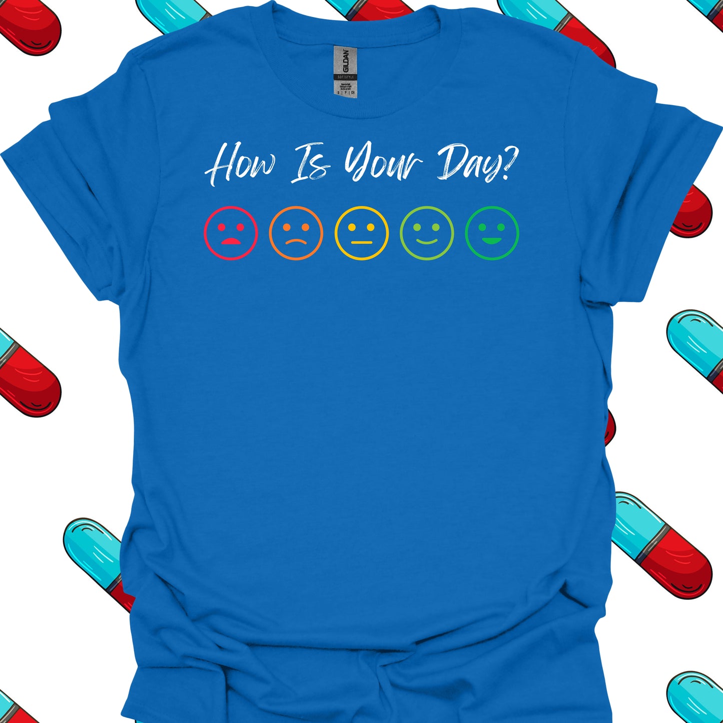 How Is Your Day? Pain Scale T-Shirt in Royal – funny medical t-shirt, nurse and doctor gift for healthcare