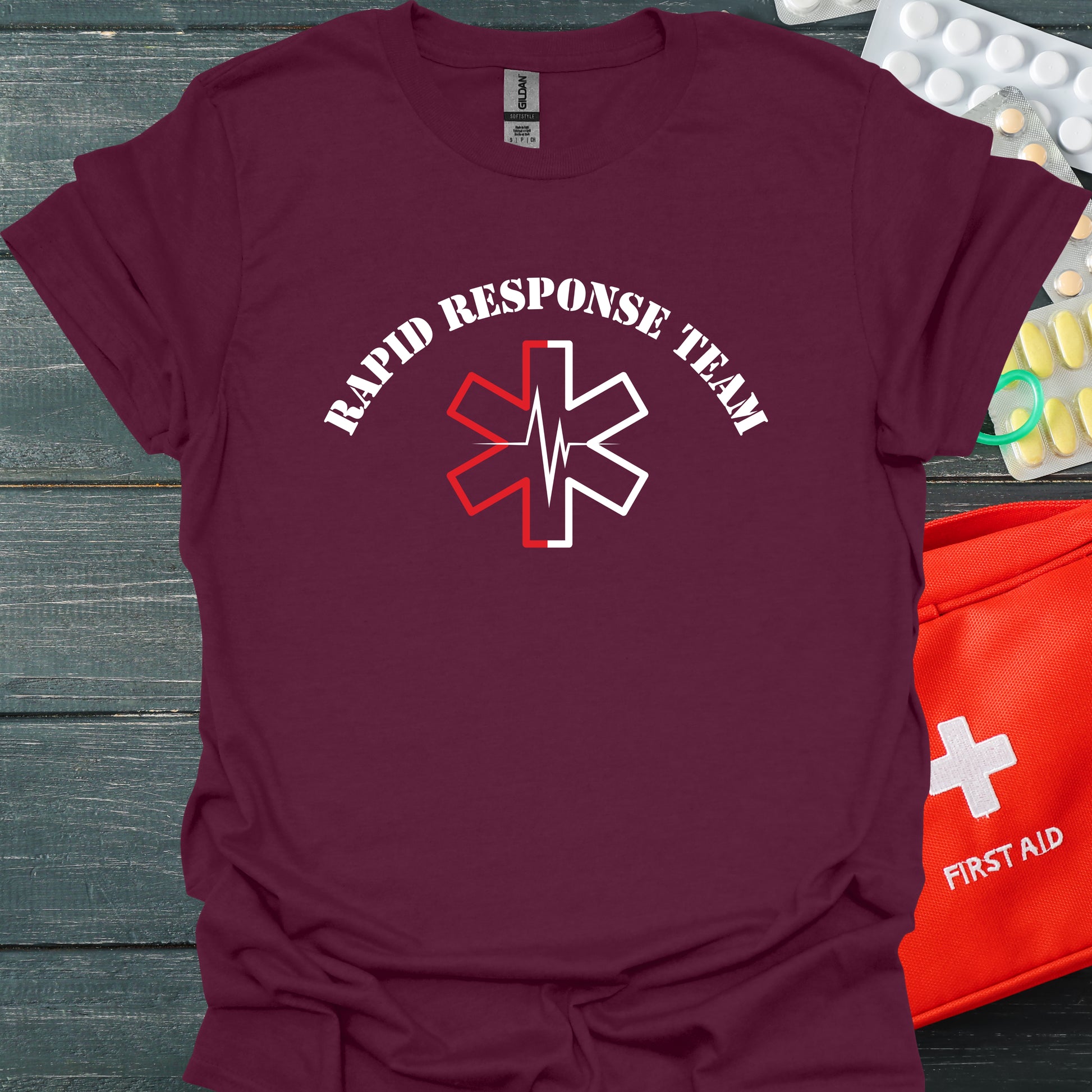 Rapid Response Team Save Lives T-Shirt – EKG & EMS Edition-Maroon-Health Gear Shop