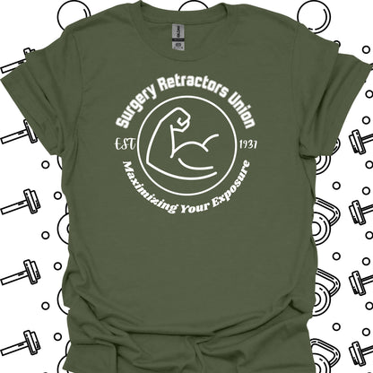 Surgical Retractors Union Surgery Humor T-Shirt in Military Green – funny medical t-shirt, nurse and doctor gift for healthcare
