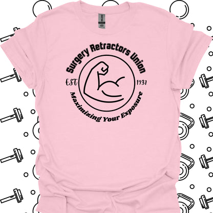 Surgical Retractors Union Surgery Humor T-Shirt in Light Pink – funny medical t-shirt, nurse and doctor gift for healthcare
