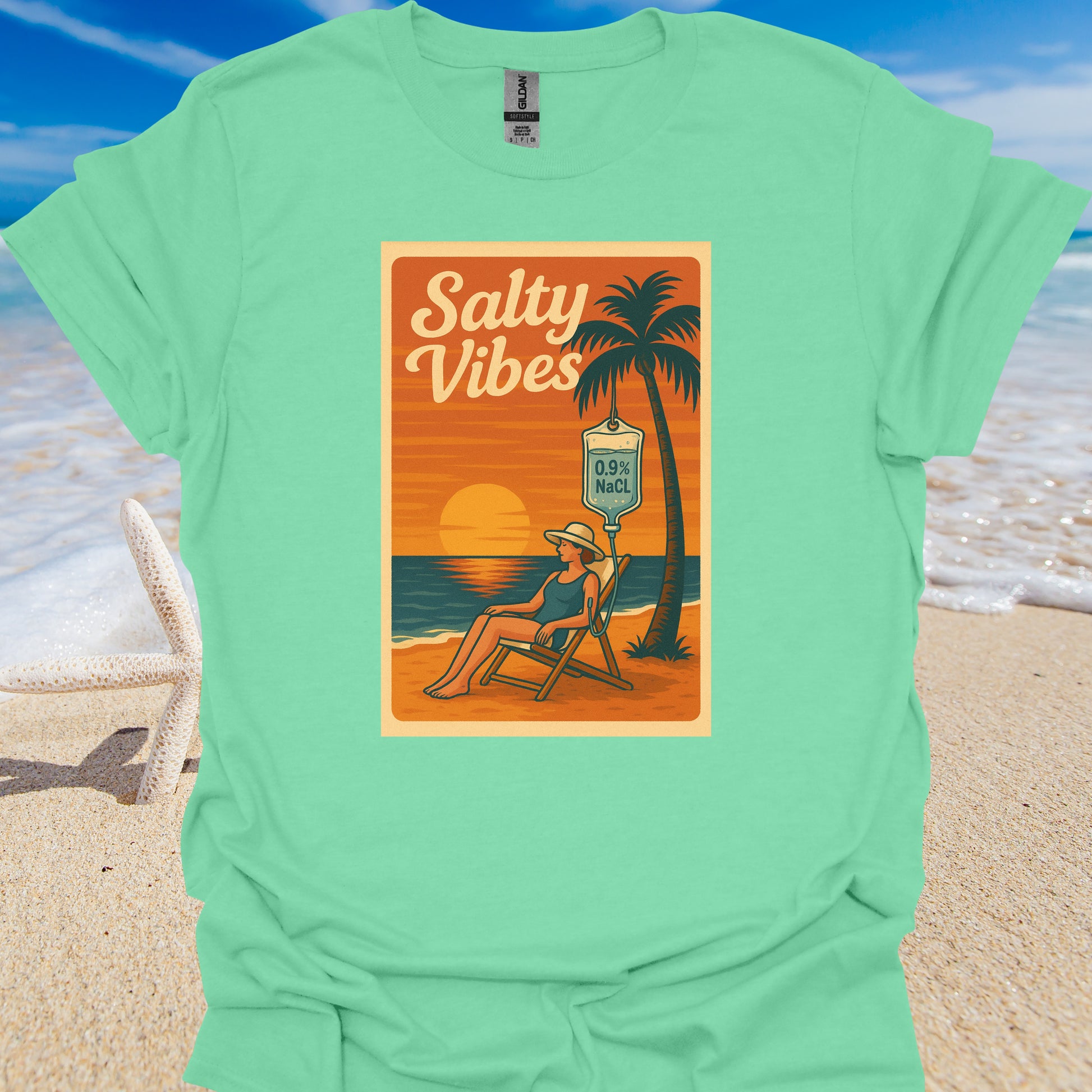 Salty Vibes Beach Normal Saline Medical Humor T-Shirt-Mint Green-Health Gear Shop