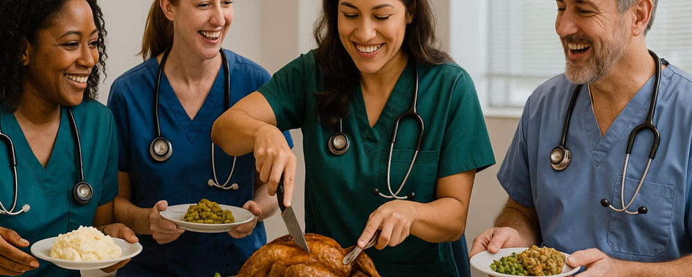 doctors and nurses celebrating thanksgiving