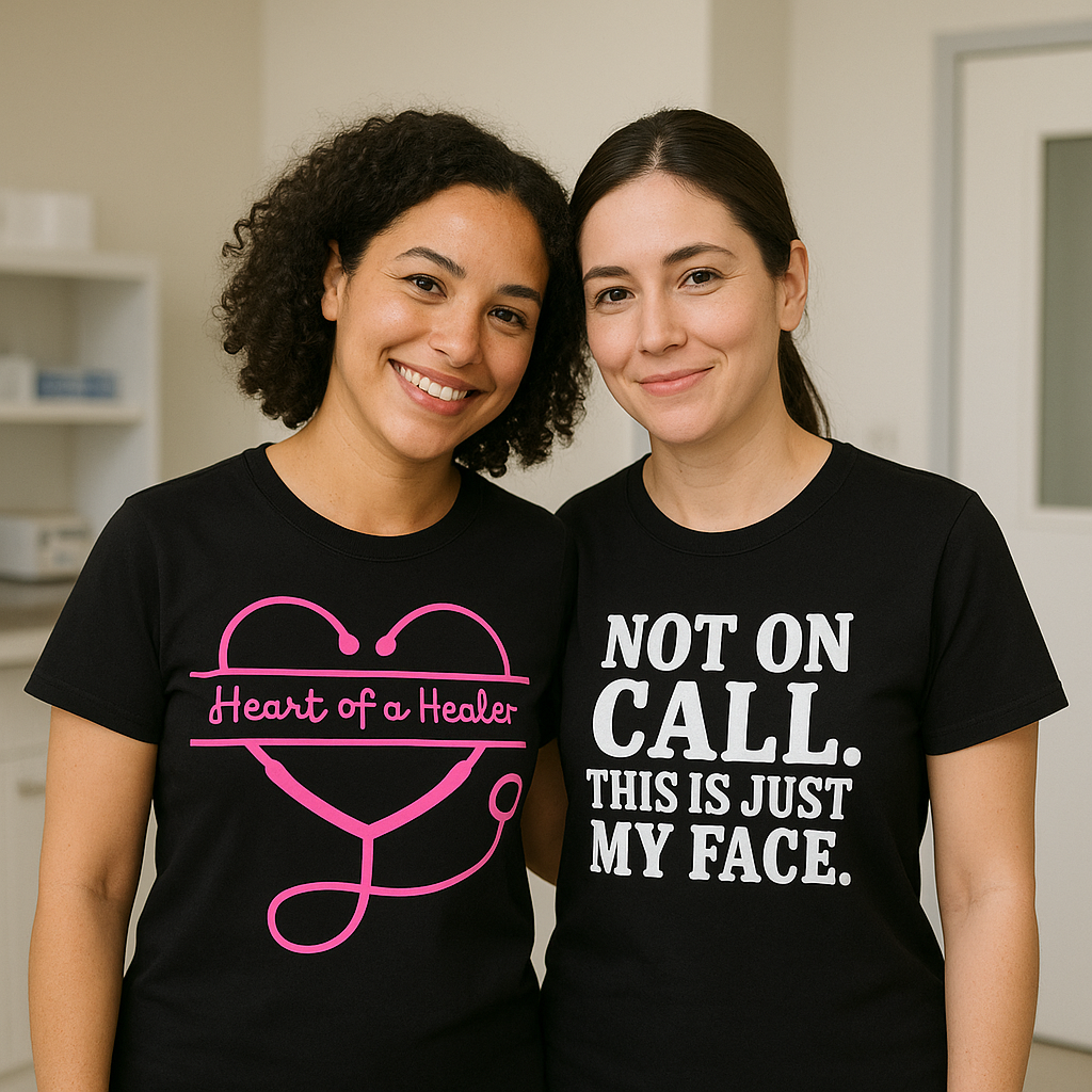 Two nurses wearing black healthcare t-shirts in a clinic
