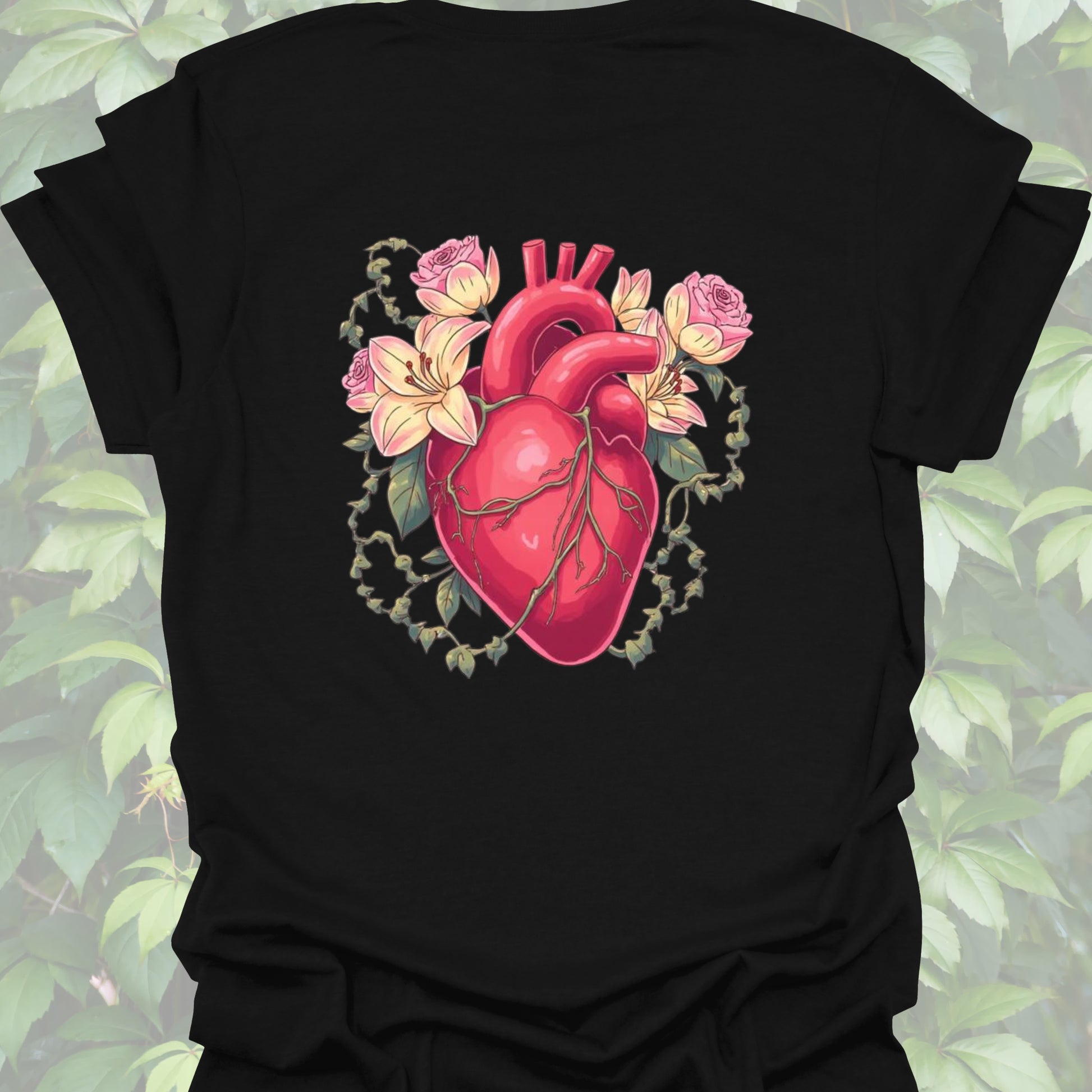 Anatomical Heart Floral Tee — Botanical Medical Heart T-Shirt-Black-Health Gear Shop