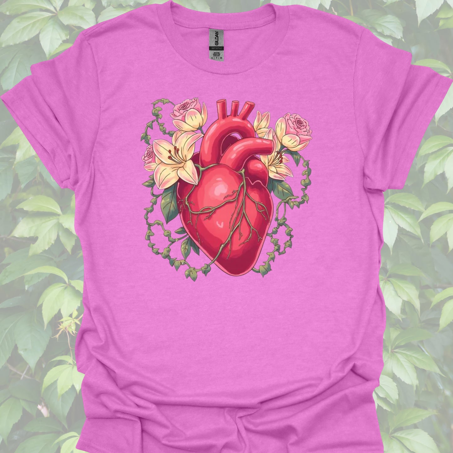 Anatomical Heart Floral Tee — Botanical Medical Heart T-Shirt-Heather Radiant Orchid-Health Gear Shop