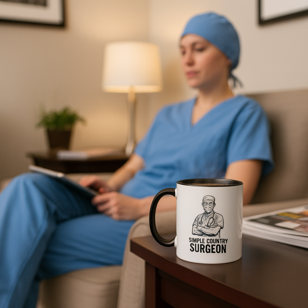 surgeon in blue scrubs sitting on a couch in a doctor's lounge with a coffee mug featuring a 'Simple Country Surgeon' healthcare design.